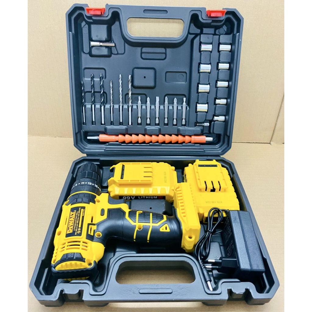 Máy khoan pin 99V DEWALT 3 chức năng có búa / Chuyên khoan tường, khoan sắt, khoan gỗ, tặng kèm bộ phụ kiện 24 chi tiết