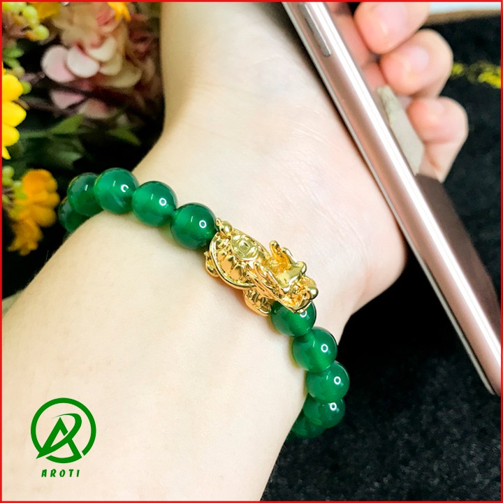 Vòng Tay Phong Thủy Mệnh mộc - Vòng Tay Mã Não Xanh Lá 8mm Mix Long Quy Vàng Độc Lạ V379-8