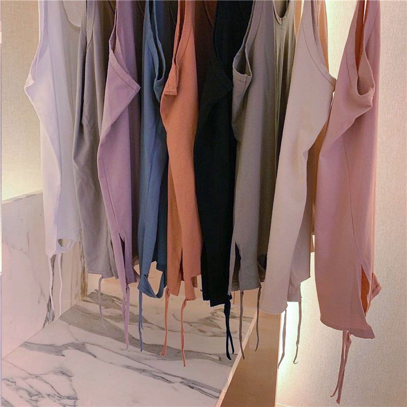 VVvn Áo Thun Sát Nách Dáng dàiform Rộng Thiếtkếxẻrách Phong Cá ch Hàn Quốc