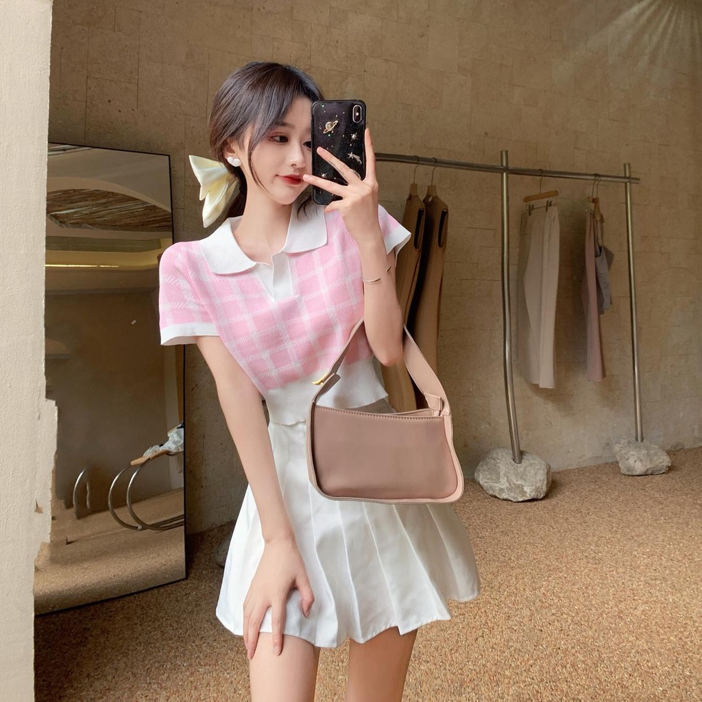Áo thun tay ngắn cổ polo dệt kim eo cao thời trang Pháp