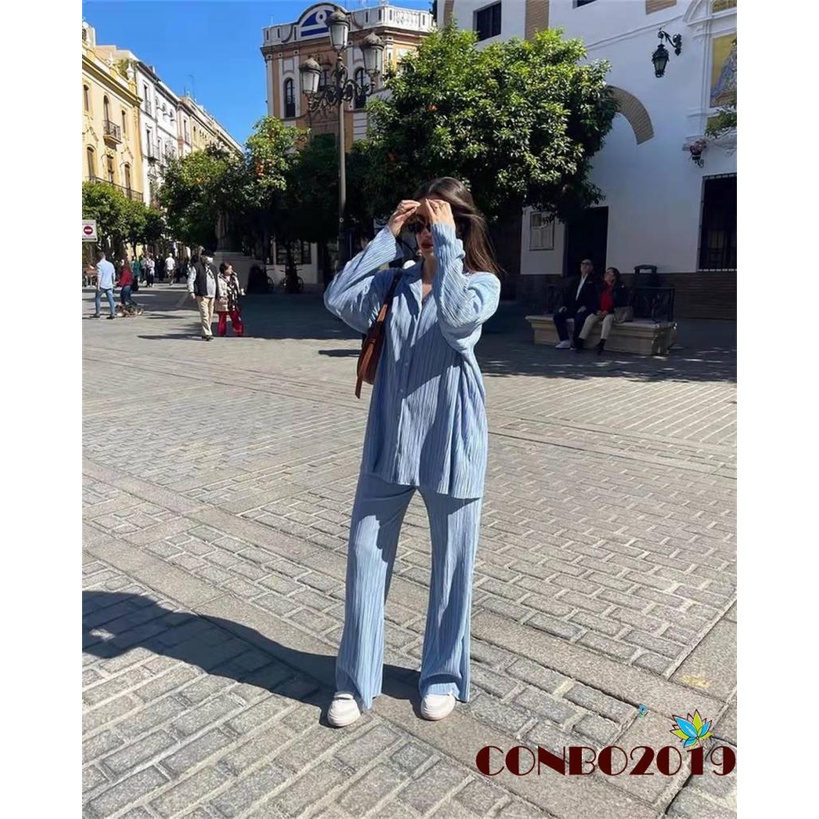 Set Đồ 2 Món Gồm Áo Sơ Mi Tay Dài Cài Nút Xếp Ly + Quần Dài Cho Nữ