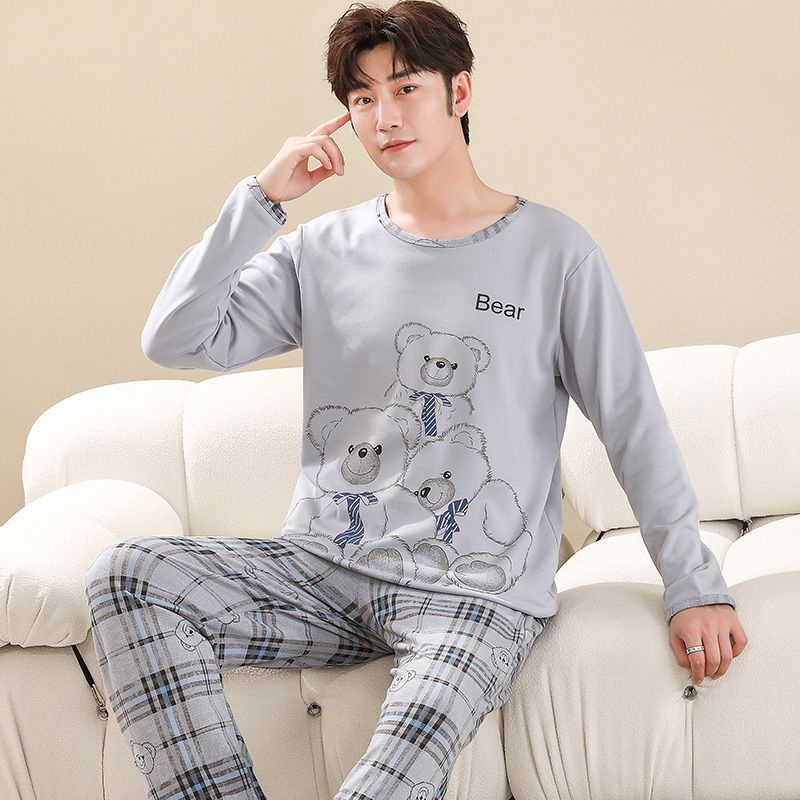 Bộ Đồ Ngủ Tay Dài Chất Liệu Cotton In Họa Tiết Hoạt Hình Dễ Thương Cho Nam