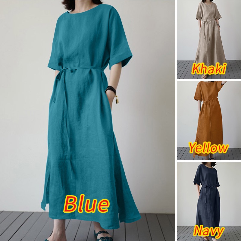 Đầm dài Zanzea dáng rộng cổ tròn tay lỡ màu trơn với thắt lưng thời trang cho nữ