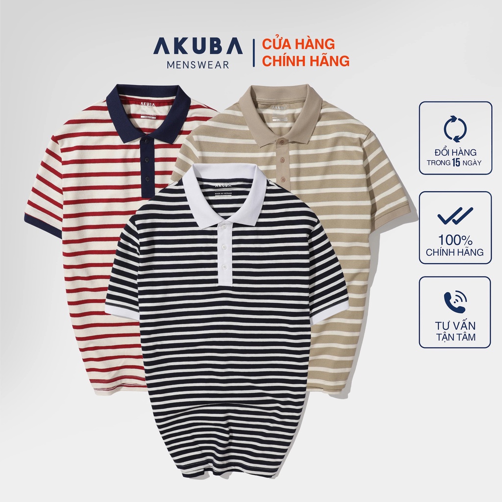 Áo thun polo sọc ngang nam AKUBA form regular, chất liệu sợi visco, áo bền màu, dễ phối đồ 01J0006