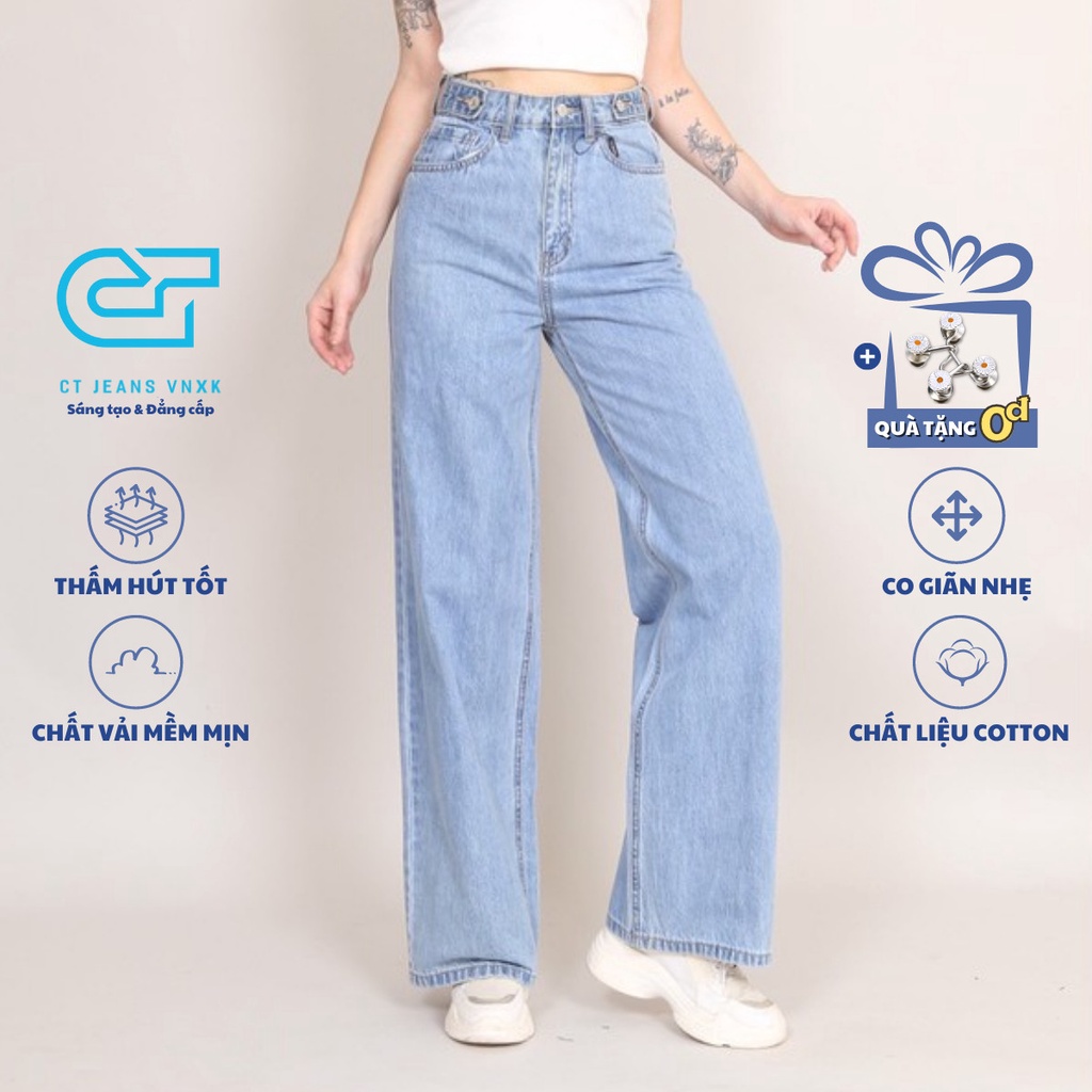 Quần Jeans Nữ Ống Rộng lưng cao Phủ Màu Trơn 3 Cúc dang dài CT JEANS thumbnail