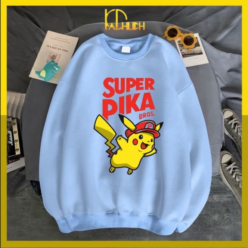 Áo sweater unisex in Super Pika dễ thương, form cho cả nam nữ vải nỉ mềm mịn
