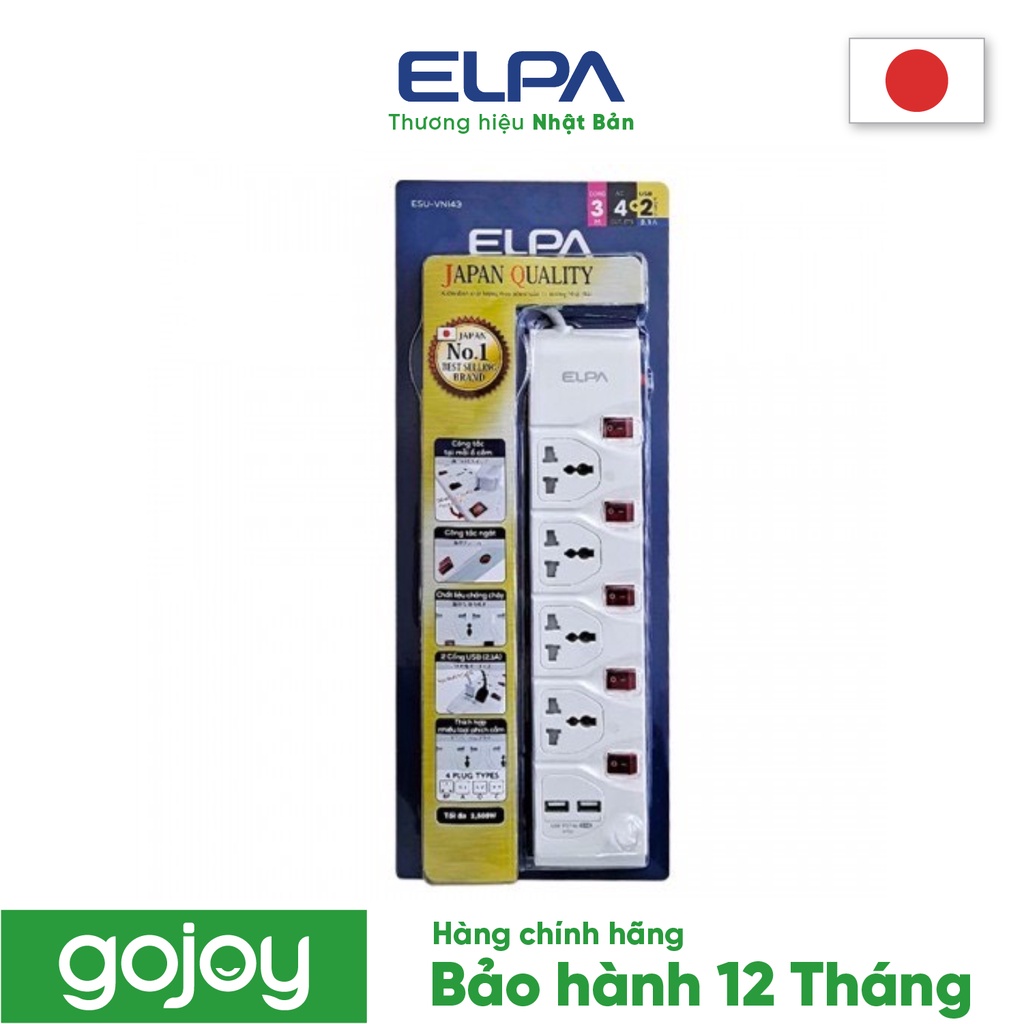 Ổ cắm Nhật 4 ổ điện, 2 USB, dây 3m, 5 công tắc ELPA ESU-VNI43 chính hãng