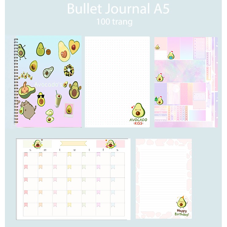 Sổ bullet journal quả bơ SBJ30 A5 100 trang 160gsm avocado chấm kẻ ngang monthly planner  Sổ tay vẽ chì Sketchbook