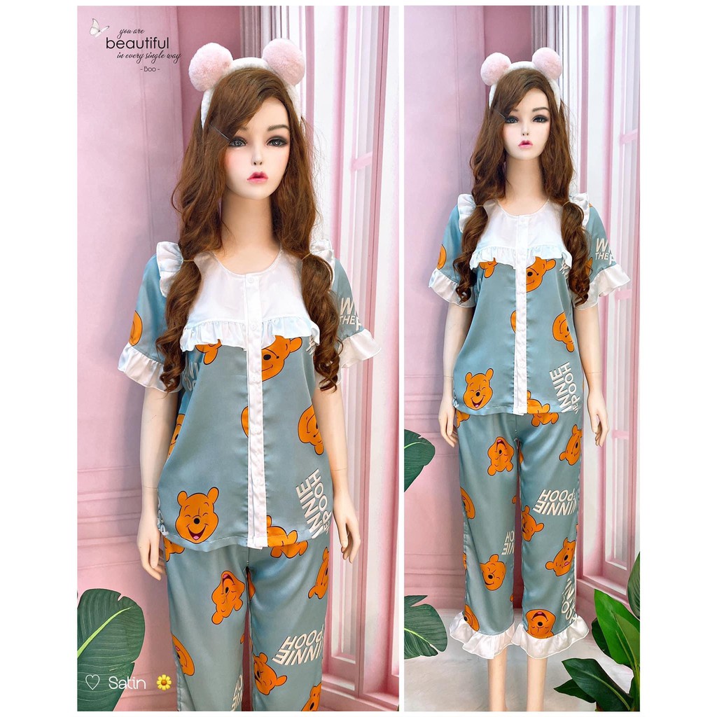 Đồ pijama nữ lụa cao cấp đồ bộ lụa satin pyjama cổ bèo kẻ caro giá rẻ quần lửng trơn cute dễ thương  ESOP - LATIN01