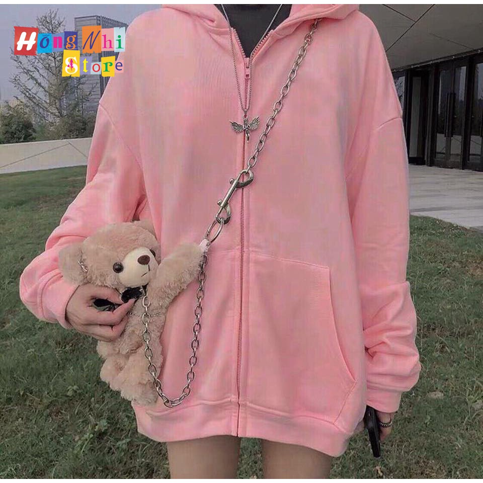 Áo Khoác Hoodie Zip Trơn Oversize Ulzzang Unisex Hoodie Dây Kéo Màu Hồng Dáng Rộng - MM