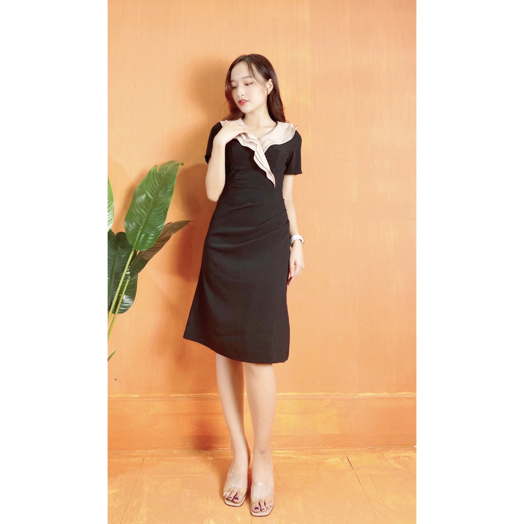[ẢNH THẬT] Đầm công sở sang trọng tôn dáng xuongmayhuydung- Váy đen phối be cổ tim hàng loại 1 | BigBuy360 - bigbuy360.vn