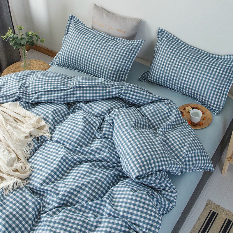 Bộ chăn ga gối Cotton Poly drap giường kẻ Hàn Quốc miễn phí bo chun ga giường bọc đệm  Leotex Bedding