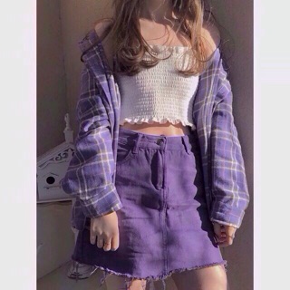 SẴN/ ORDER [Set Ulzzang Tím - PURPLE GIRL] Sơ mi caro 💜 chân váy kakhi tua lai - 3 món