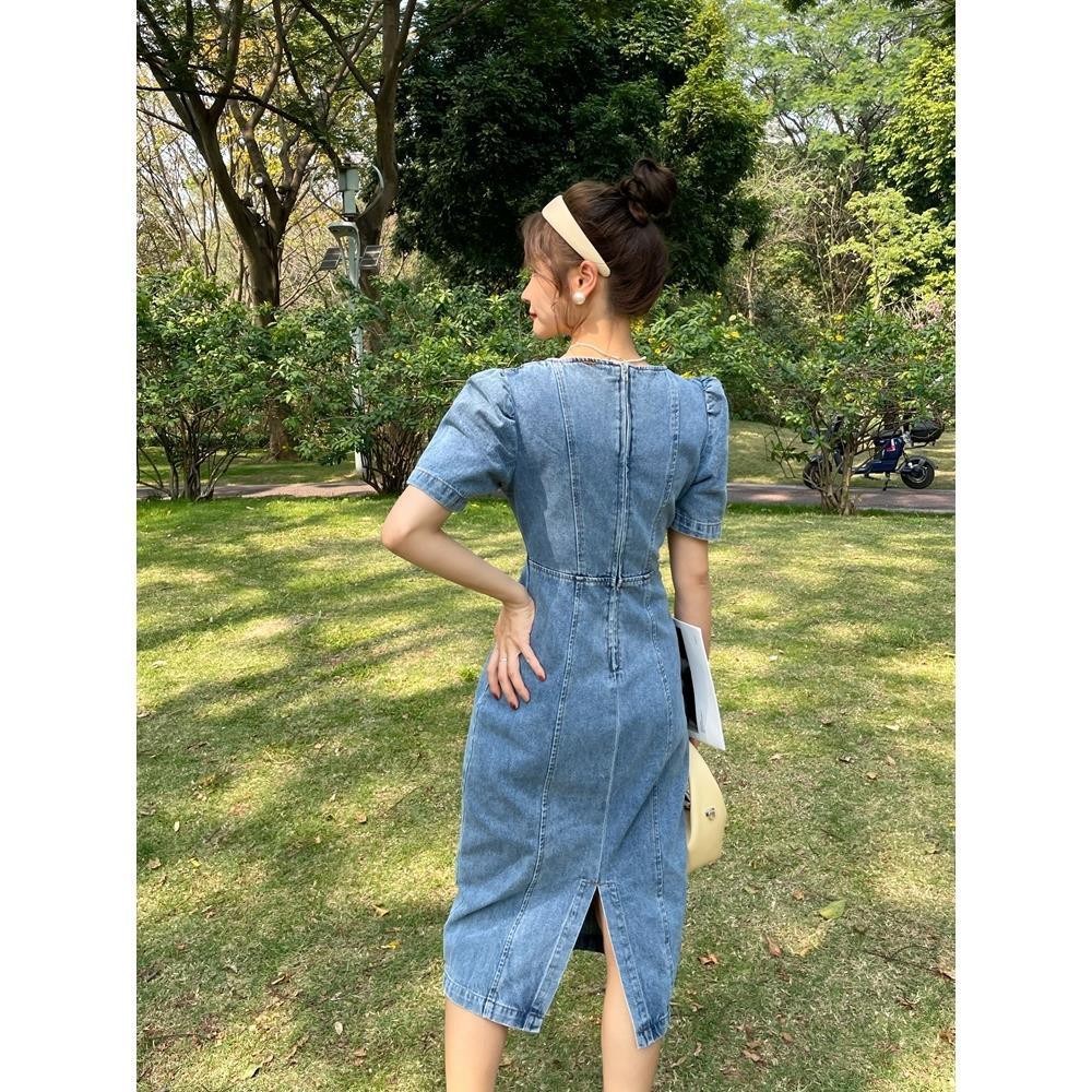 Đầm Denim Tay Phồng Cổ Vuông Phong Cách Retro Hàn Quốc