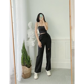 Quần Nỉ Nữ Ống Suông Thun Rách Gối