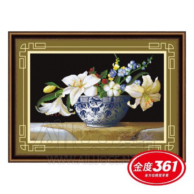 Tranh thêu chữ thập 5D >BÌNH HOA LY TRẮNG> 31206,65x45cm >chưa thêu