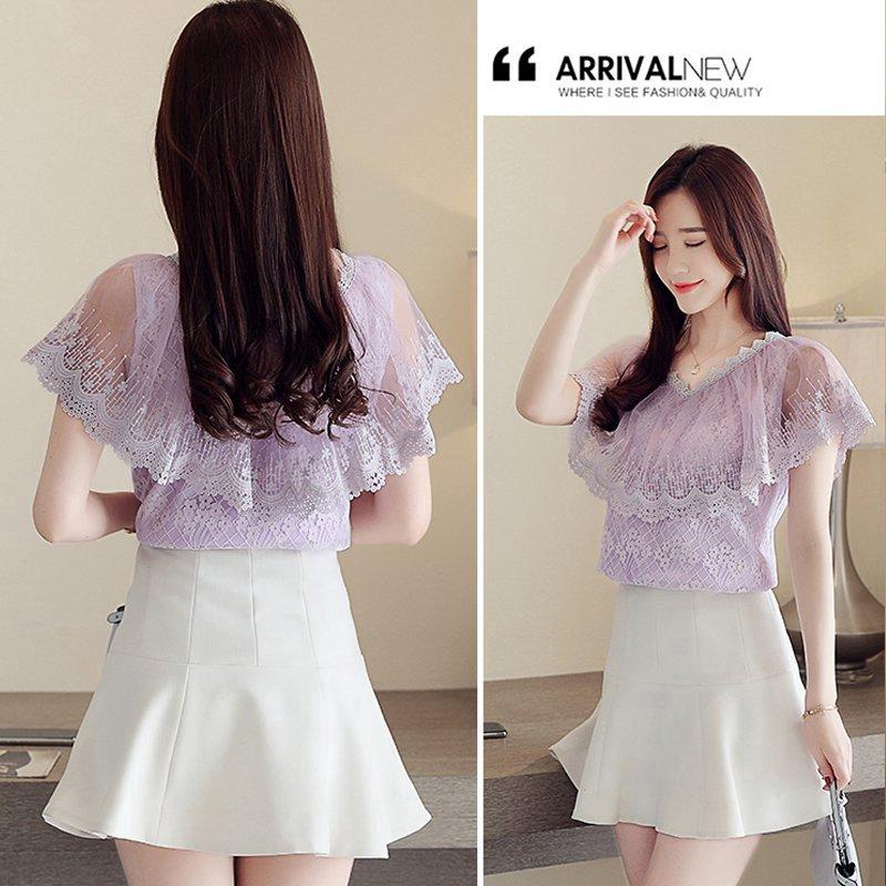 Áo kiểu chiffon phối ren hoa cổ V nữ tính