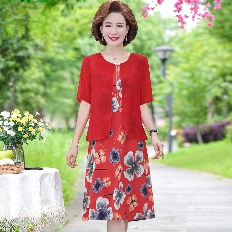 Đầm chiffon Dài Qua Gối Thời Trang Mùa Hè Cho Phụ Nữ Trung Niên