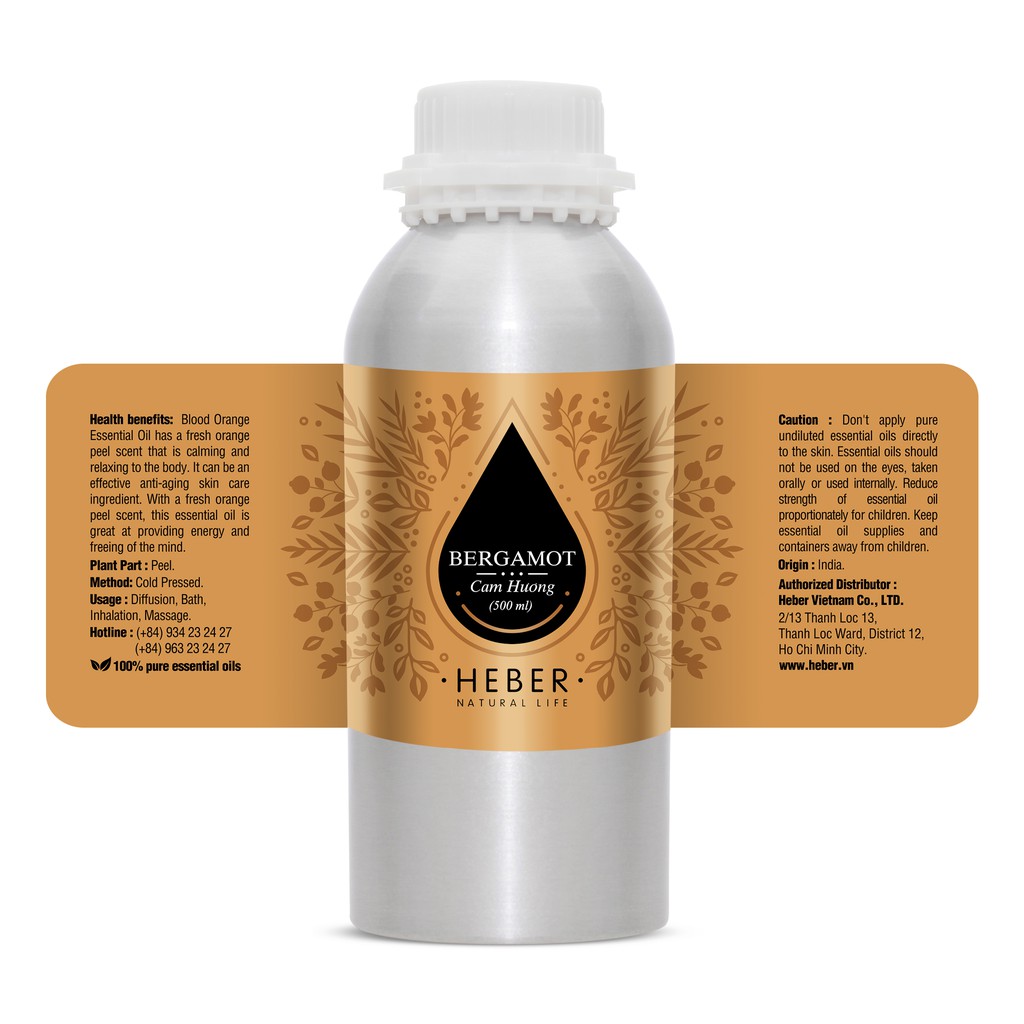 (Chai Lớn 500ml/1000ml)Tinh Dầu Cam Hương Bergamot Heber Natural Life, Cao Cấp Nhập Khẩu, Thiên Nhiên Nguyên Chất