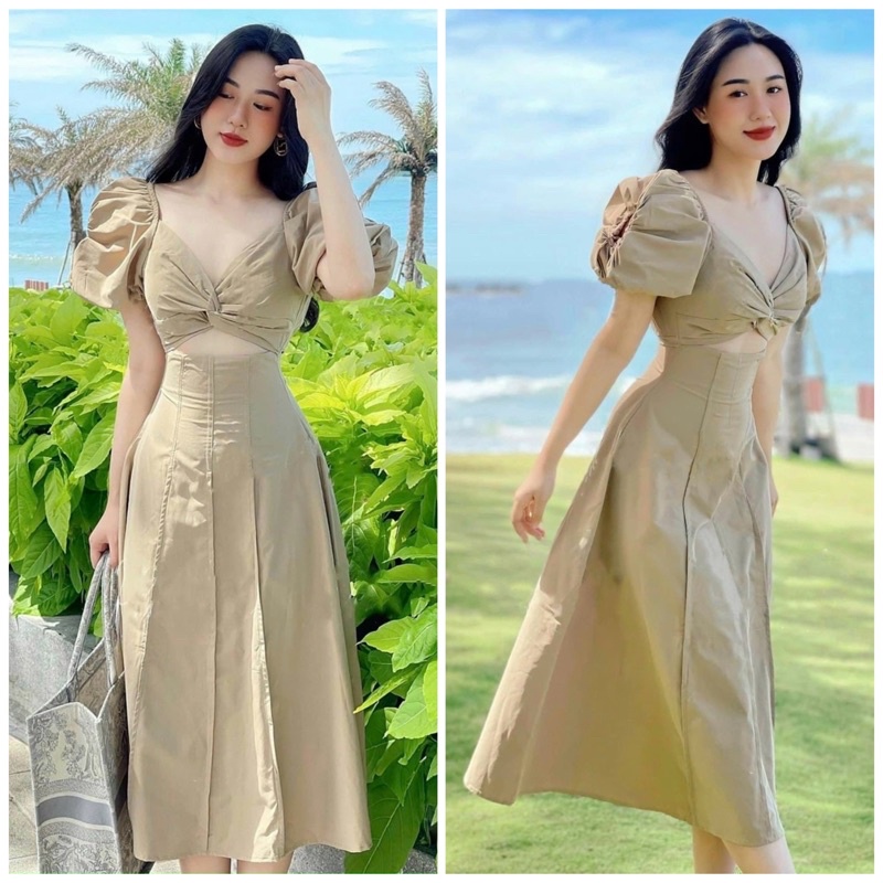 Đầm kem xoắn ngực cut-out (kèm hình thật)