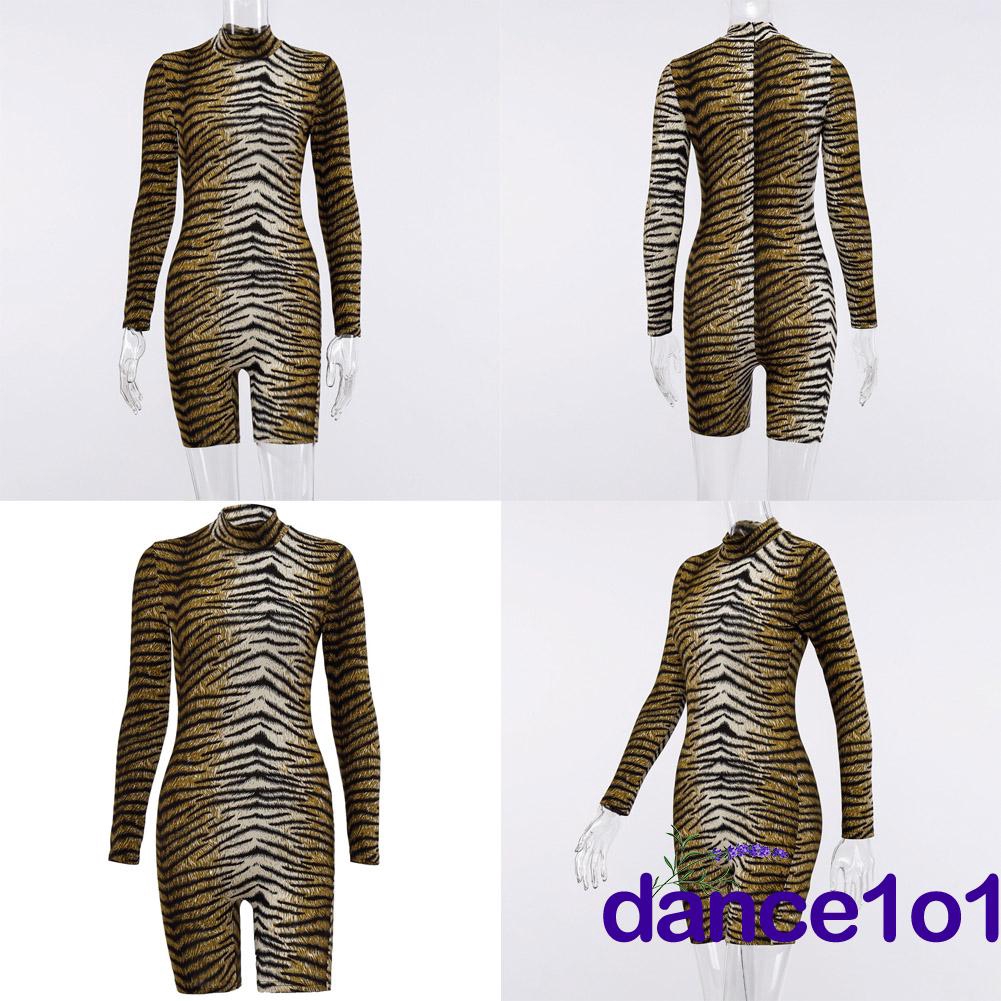 Áo liền quần tay dài cổ cao họa tiết đốm da báo dành cho nữ