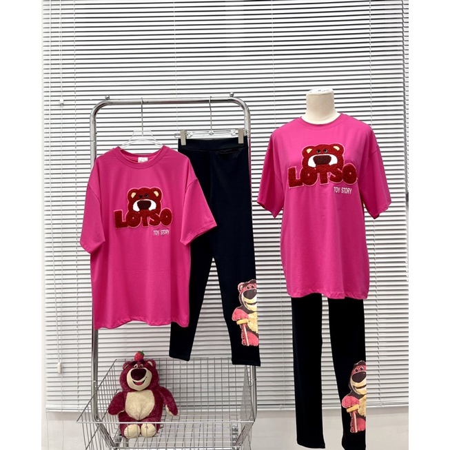 Set áo cotton gấu thêu hồng quần ôm in gấu