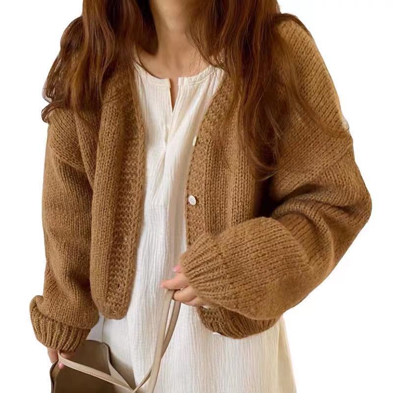 Áo Khoác Cardigan Dệt Kim Tay Dài Dáng Ngắn Phong Cách Retro Hợp Thời Trang