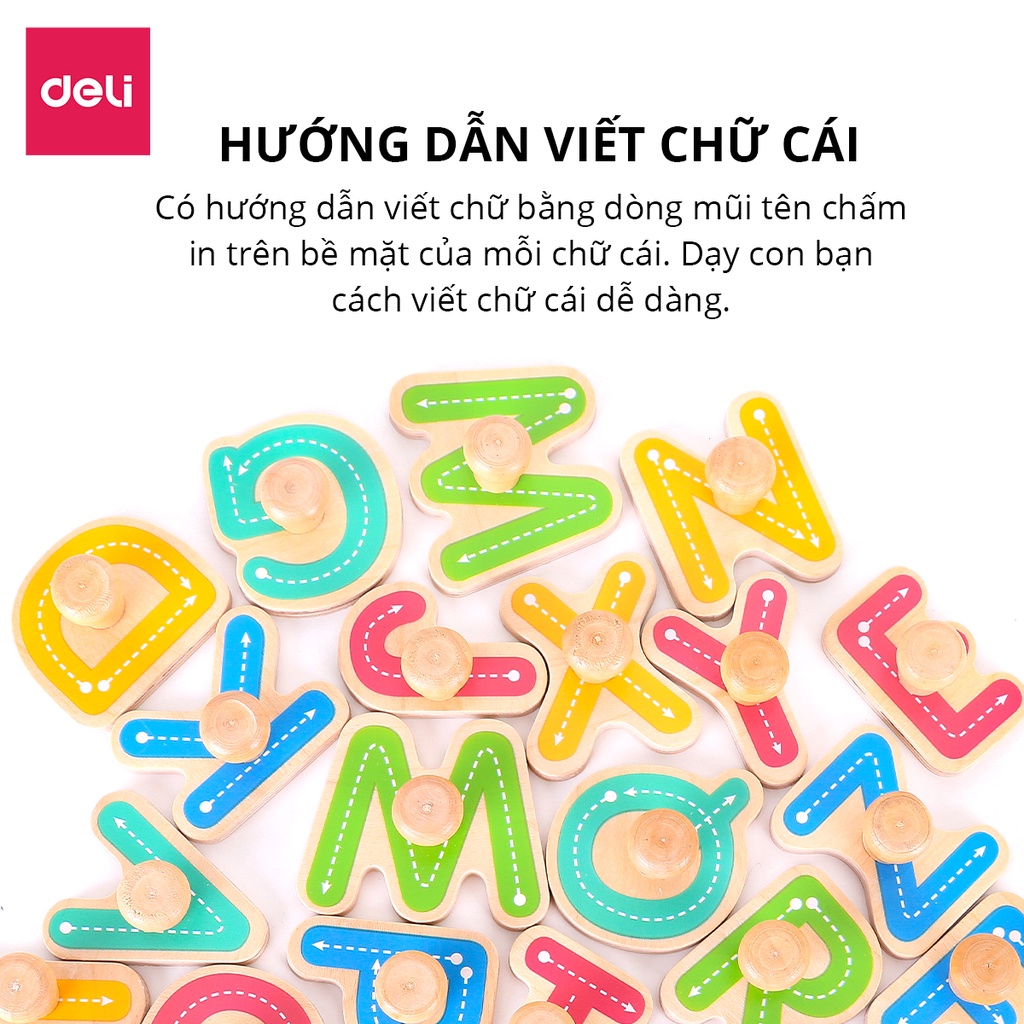 Bảng chữ cái Deli - Ván ép gỗ trầm cho trẻ từ 3 đến 6 tuổi, từ A tới Z, đã được kiểm định để bé làm quen với chữ cái