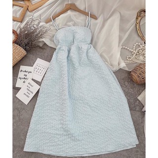 Đầm 2Dây Midi Xanh Gấm Xốp