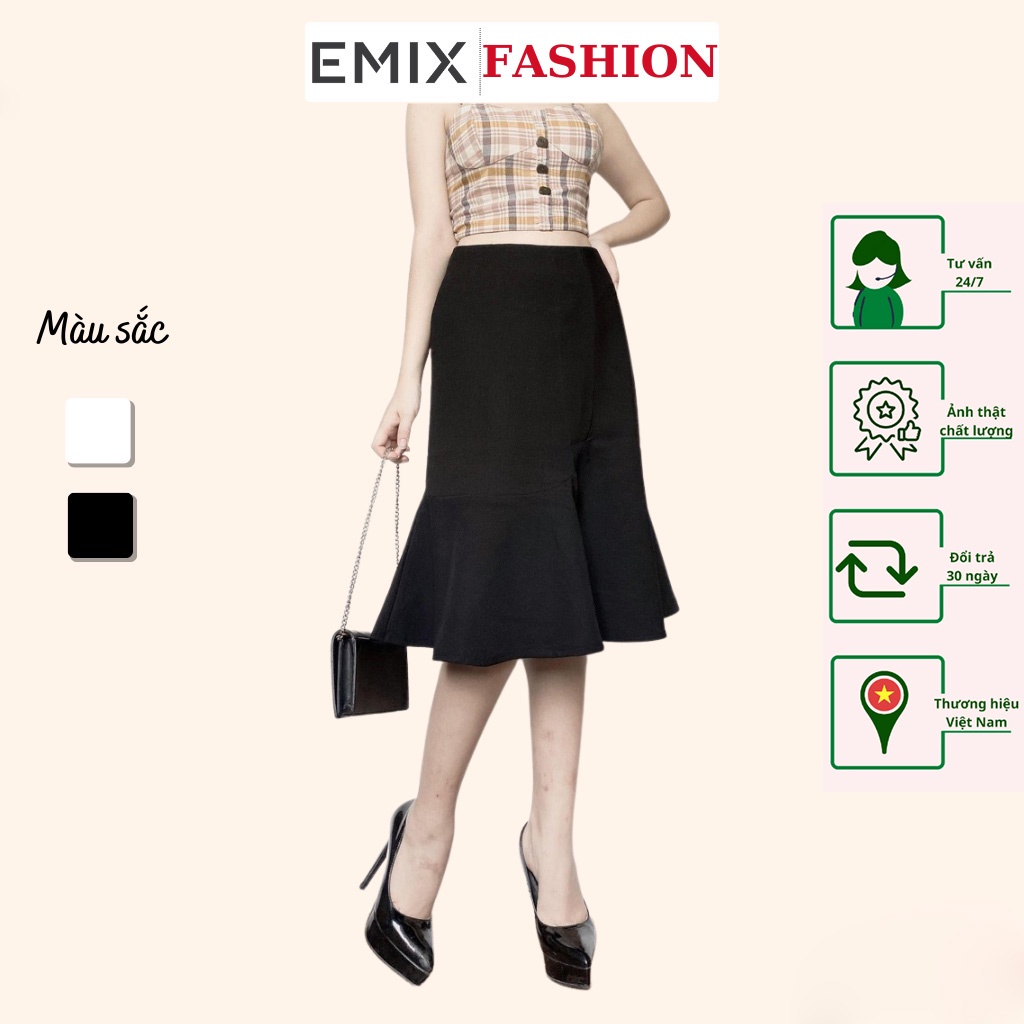 Chân váy công sở xòe đuôi cá EMIX (màu đen), dáng dài 62cm, cạp cao, có khóa, vải tuyết mưa, mềm mại, dày dặn, không lộ