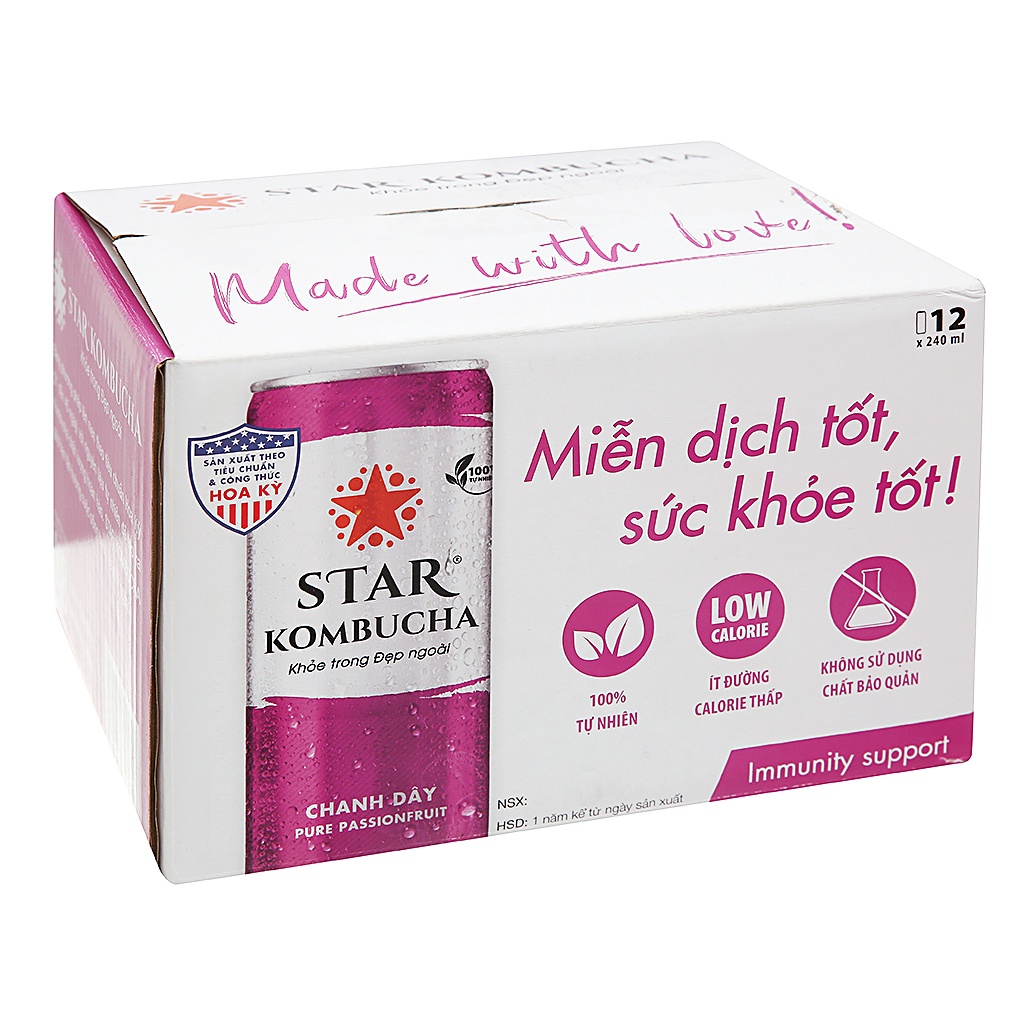 Thùng 12 Lon Trà Trái Cây Star Kombucha Vị Chanh Dây Thanh Mát Thơm Ngon Tăng Đề Kháng 250ml