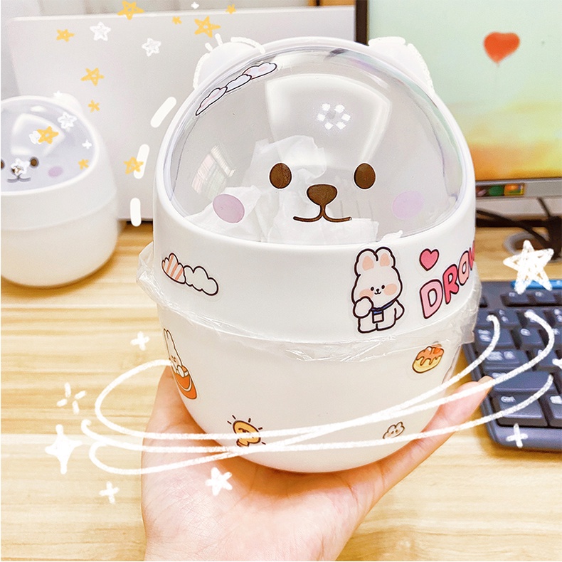 [TẶNG STICKER] Thùng Rác Mini Để Bàn Mẫu Hoạt Hình Có Nắp Đậy/ Hộp Đựng Đồ, Cắm Bút Trang Trí Bàn