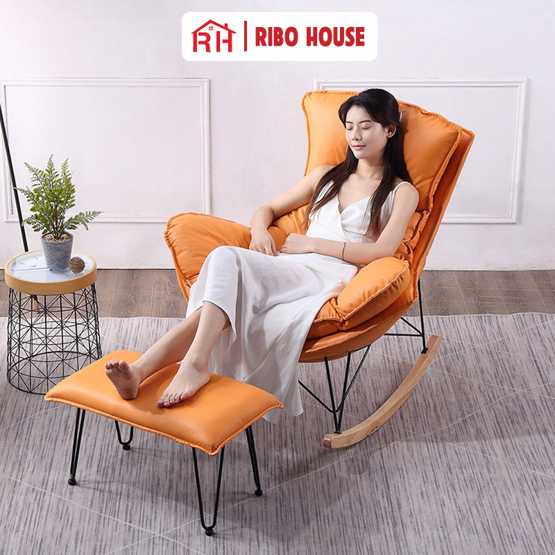 Ghế thư giãn RIBO HOUSE bập bênh khung kim loại sơn tĩnh điện chân gỗ trang trí phòng ngủ phòng khách ban công RIBO205