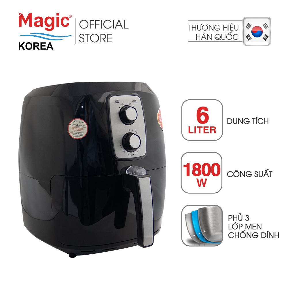 Nồi chiên không dầu Magic Korea A-83 Đen 6L cho gia đình 6-8 người,chiên nướng nguyên một con gà 1.8kg, BH chính hãng