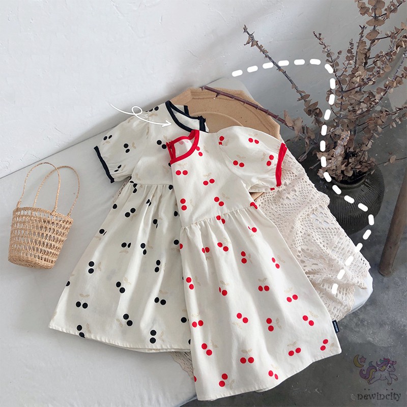 Korean Kids Girls Fashion Sweet Style Cherry Print Lantern Sleeve Design Dress