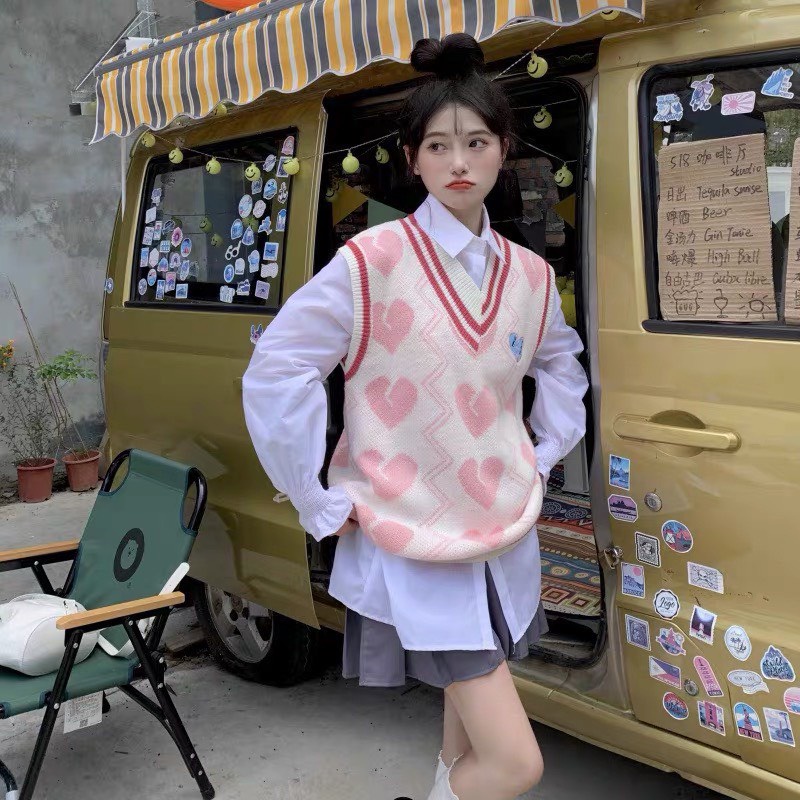 Áo len gile trái tim, Gile nữ len học sinh cao cấp, Áo Sweeter không tay form rộng cá tính