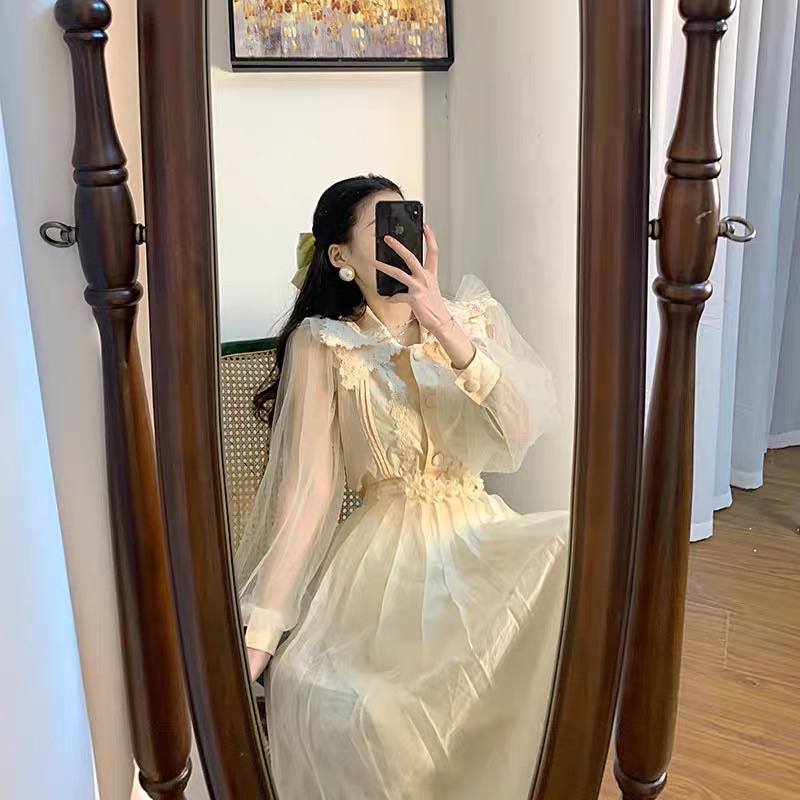 Set áo sơmi voan kiếng hoa văn + chân váy xoè dài