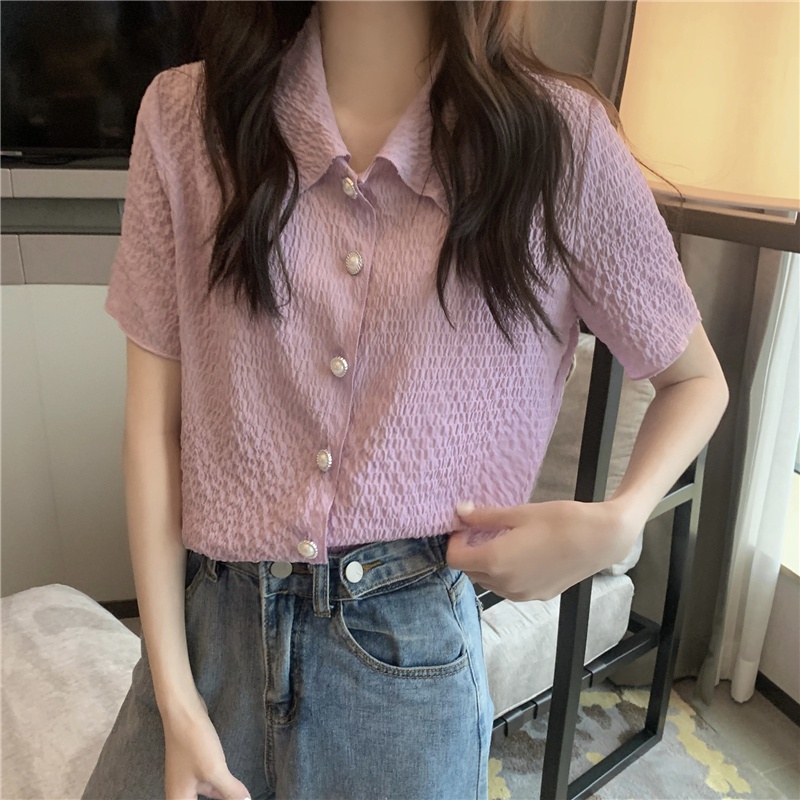 Áo Sơ Mi Tay Ngắn Cổ Bẻ Đính Nút Ngọc Trai Phong Cách Mới 52279