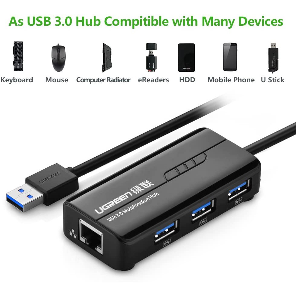 HUB USB 3 cổng 3.0 kèm cổng mạng LAN 10/100 Mbps Ethernet UGREEN CR103 20266