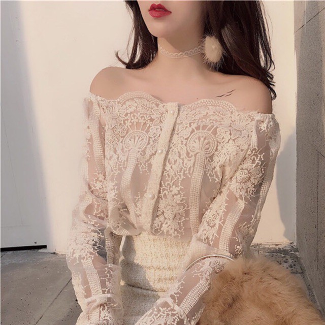 (Order-M) Ulzzang Áo ren dài tay trễ vai M200-1