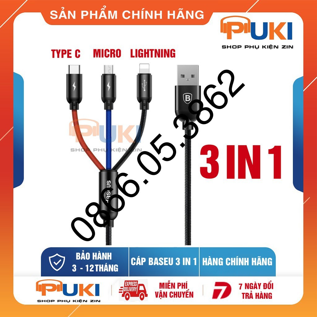 Cáp sạc Baseus 3 đầu dòng ra 3.5A Iphone - type C - micro