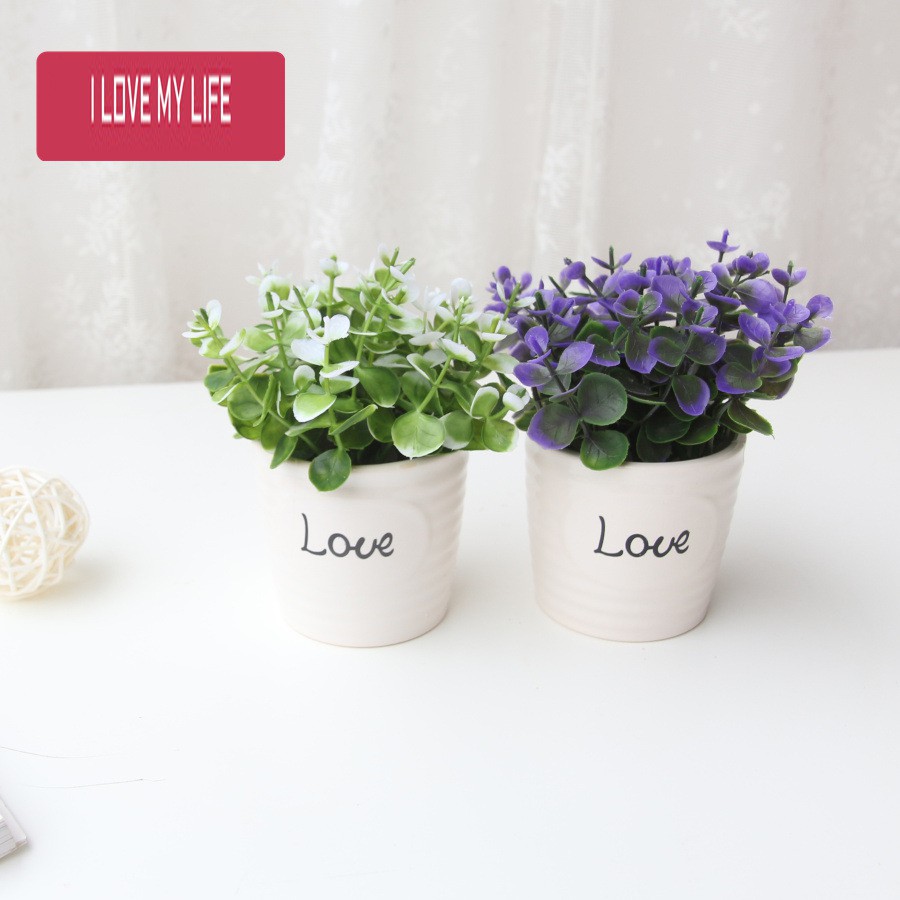 Lọ Hoa trang trí để bàn, hoa bonsai giả chậu sứ chữ LOVE - H0129 (nhiều màu lựa chọn)