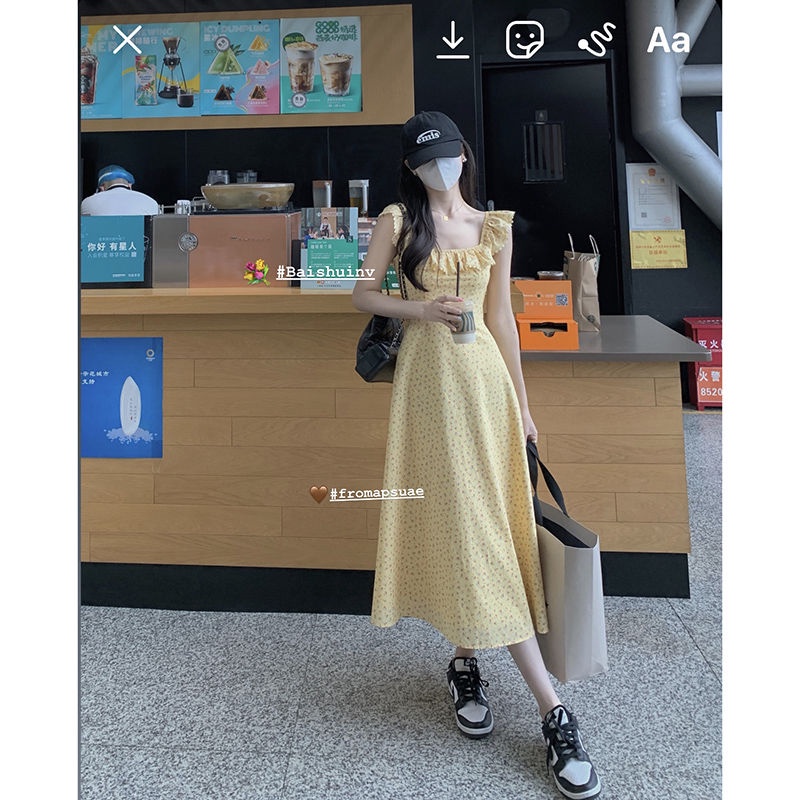 Đầm Dáng Chữ A Không Tay Cổ Vuông Họa Tiết Hoa Phong Cách Hàn Quốc Thời Trang Mùa Hè Hàng Mới 2022