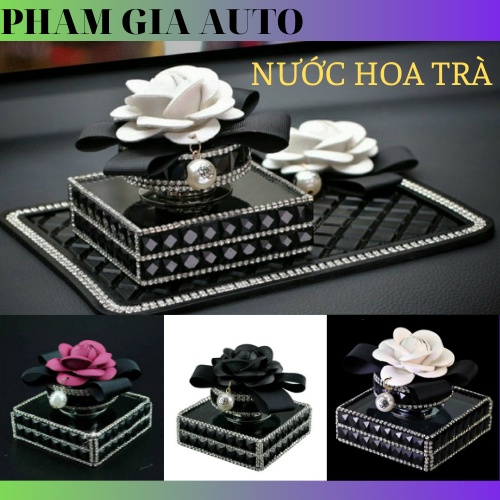 Lọ nước hoa đính đá để taplo ô tô gắn bông hoa trà sang trọng quý phái