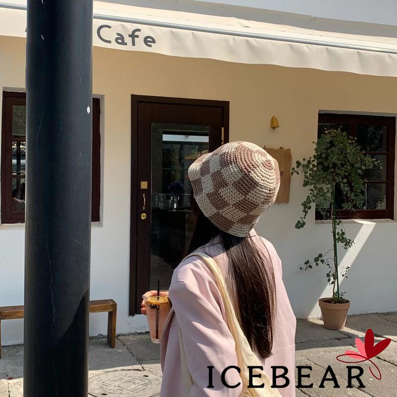 ICE-Women Bucket Hat Plaid Pattern Woven Style Hollow-Out Fisherman Hats Ladies Sweet Beach Head Wear