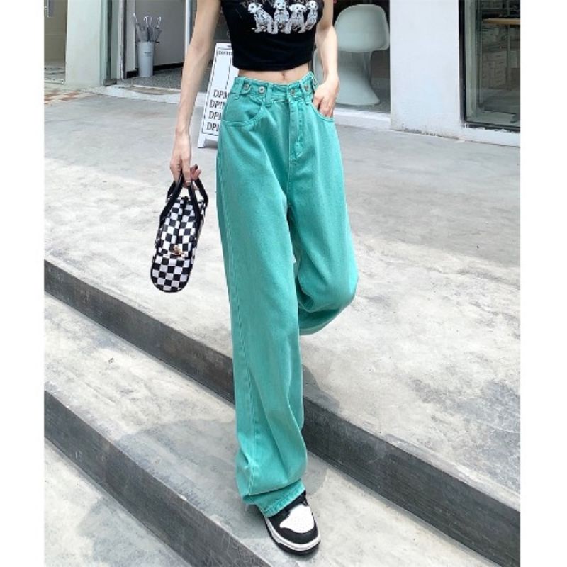 ▲Quần Jean Ống Rộng Lưng Cao Màu Xanh Lá Phong Cách Mỹ Cổ Điển Thời Trang Mùa Hè Hàng Mới Dành Cho Bạn Nữ