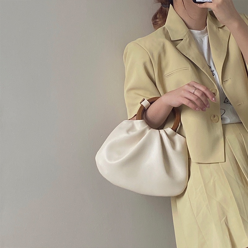 Ielgy Túi Đeo Vai Nhỏ Cầm Tay Một Bên Vai Xếp Ly Cá Tính Cổ Điển Có Tay Cầm Bằng Gỗ Cho Nữ