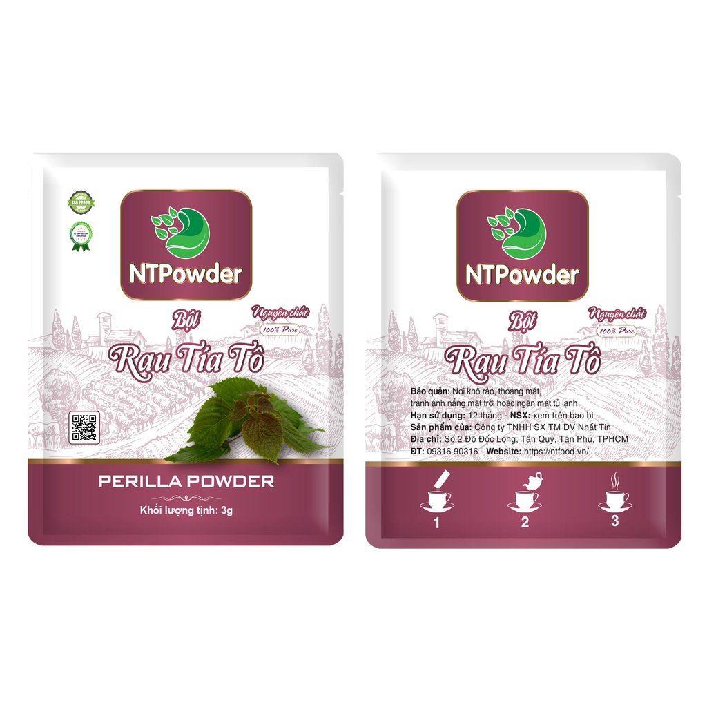 [Hộp 20 gói x 3g] Bột Lá Tía Tô sấy lạnh nguyên chất NTPOWDER 60g - Nhất Tín Food