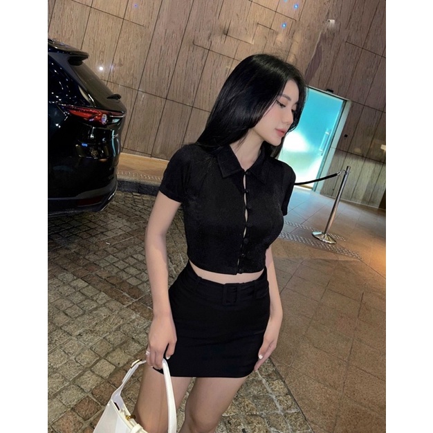 Set áo sơmi croptop nút bọc + Chân váy