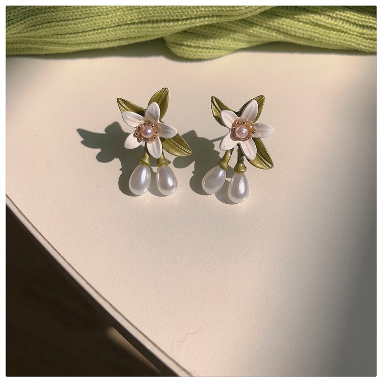 Khuyên Tai Bạc Họa Tiết Hoa Lá Đính Ngọc Trai Dễ Thương Thời Trang Cho Nữ